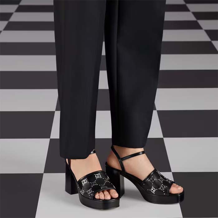 G*u*i women gg interlocking g studs sandal black leather mid 8 cm heel