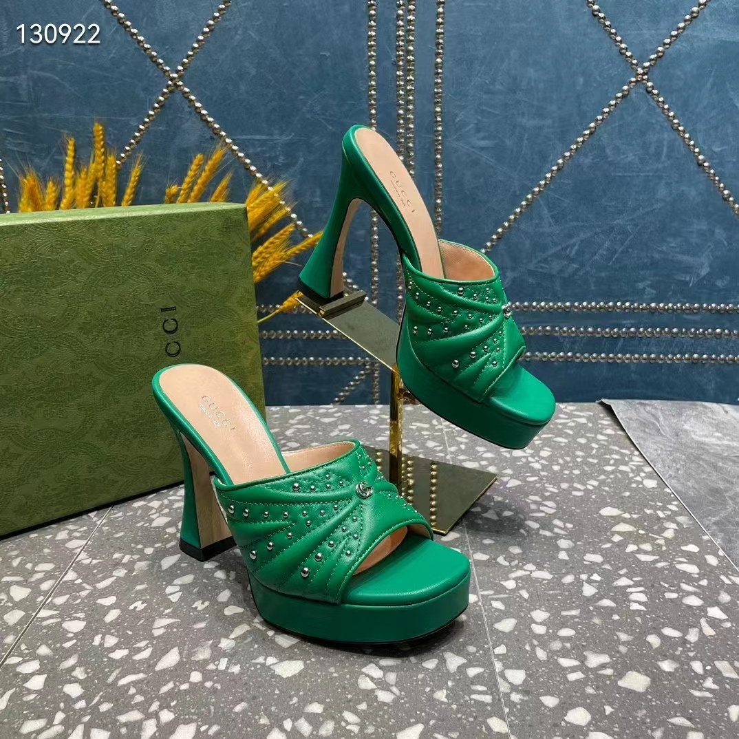 G*u*i women heeled slide sandals green leather studs spool high 15 cm heel