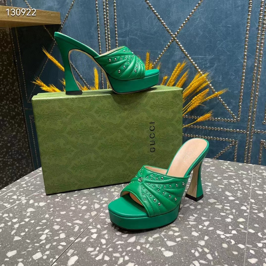 G*u*i women heeled slide sandals green leather studs spool high 15 cm heel