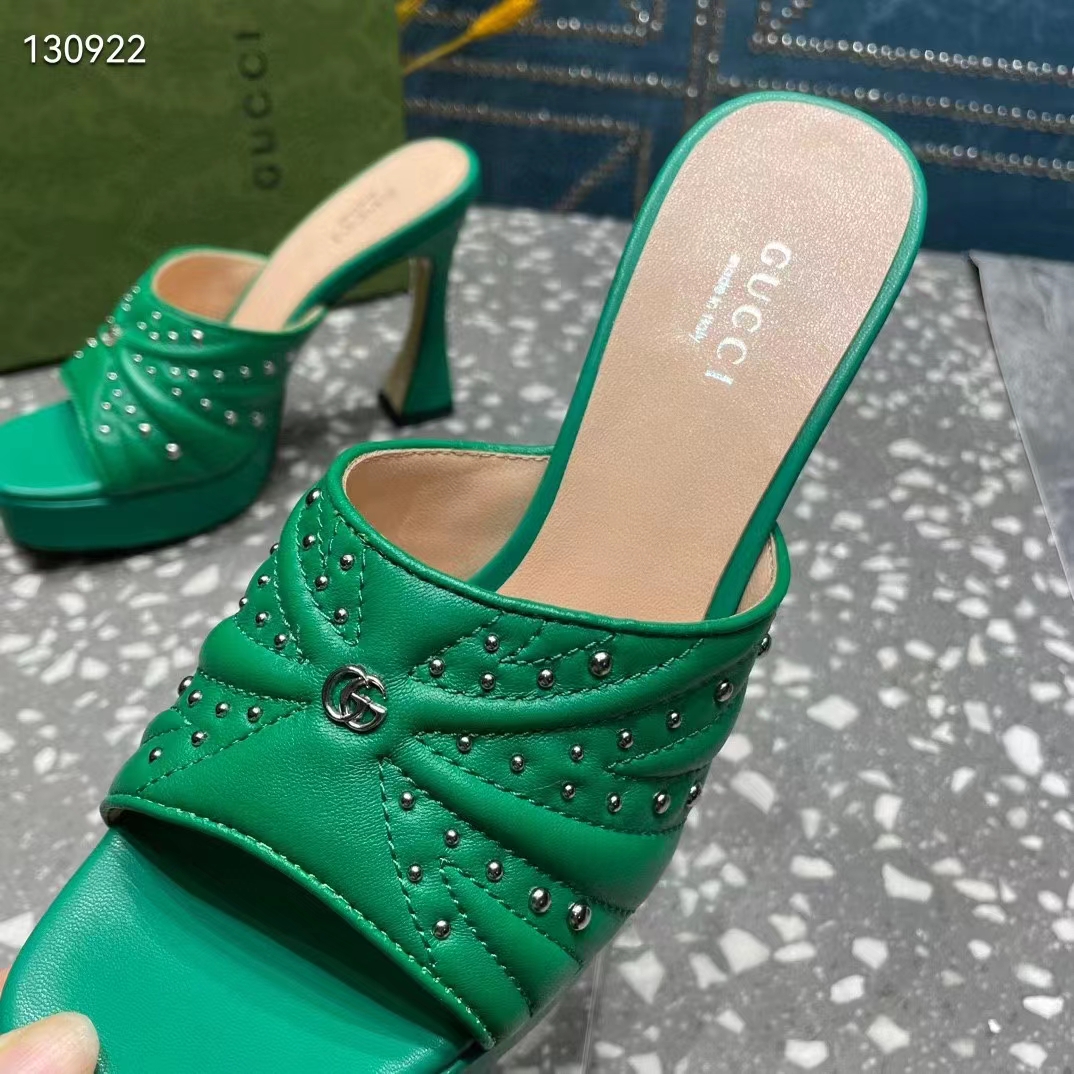 G*u*i women heeled slide sandals green leather studs spool high 15 cm heel