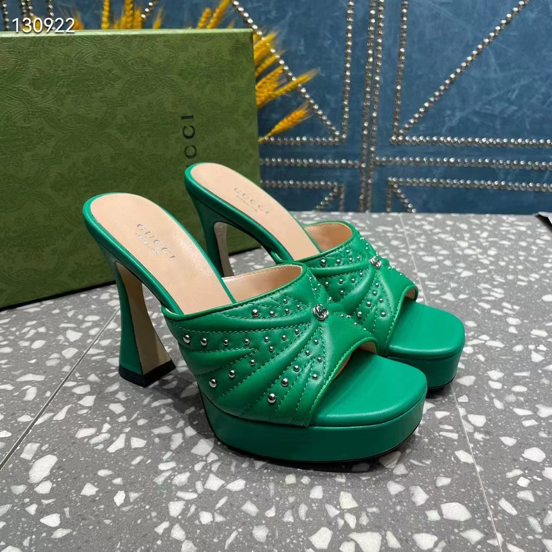 G*u*i women heeled slide sandals green leather studs spool high 15 cm heel