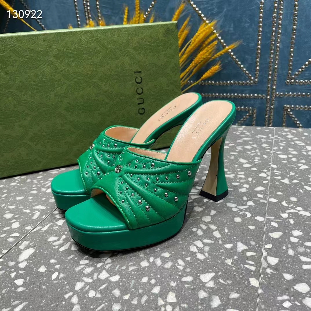 G*u*i women heeled slide sandals green leather studs spool high 15 cm heel