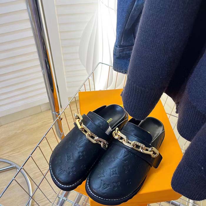 Louis Vuitton LV Unisex Cosy Flat Comfort Clog Black Monogram-Embossed Calf Leather