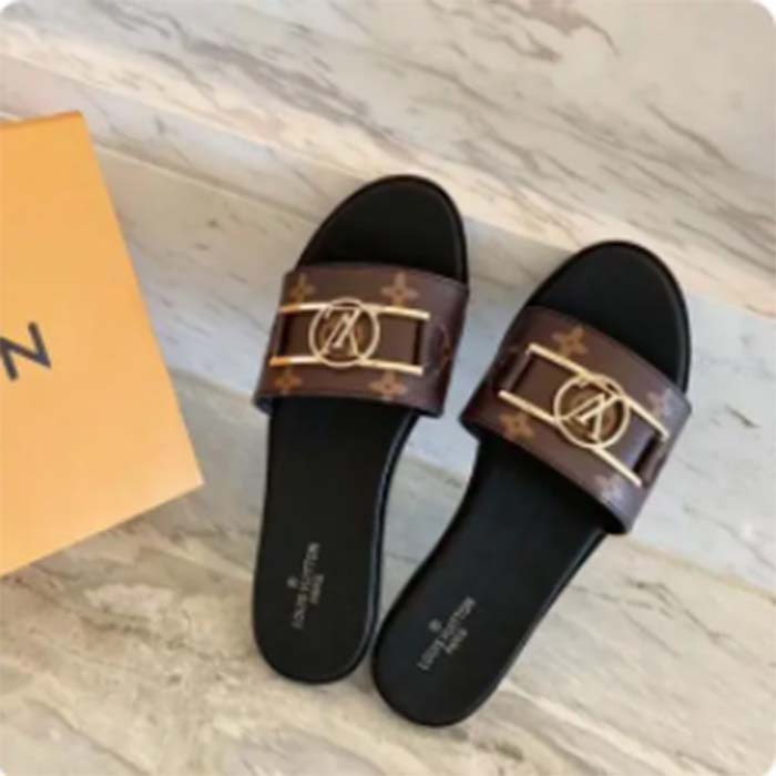 Louis Vuitton LV Women Lock It Flat Mule Brown Patent Monogram Canvas Leather