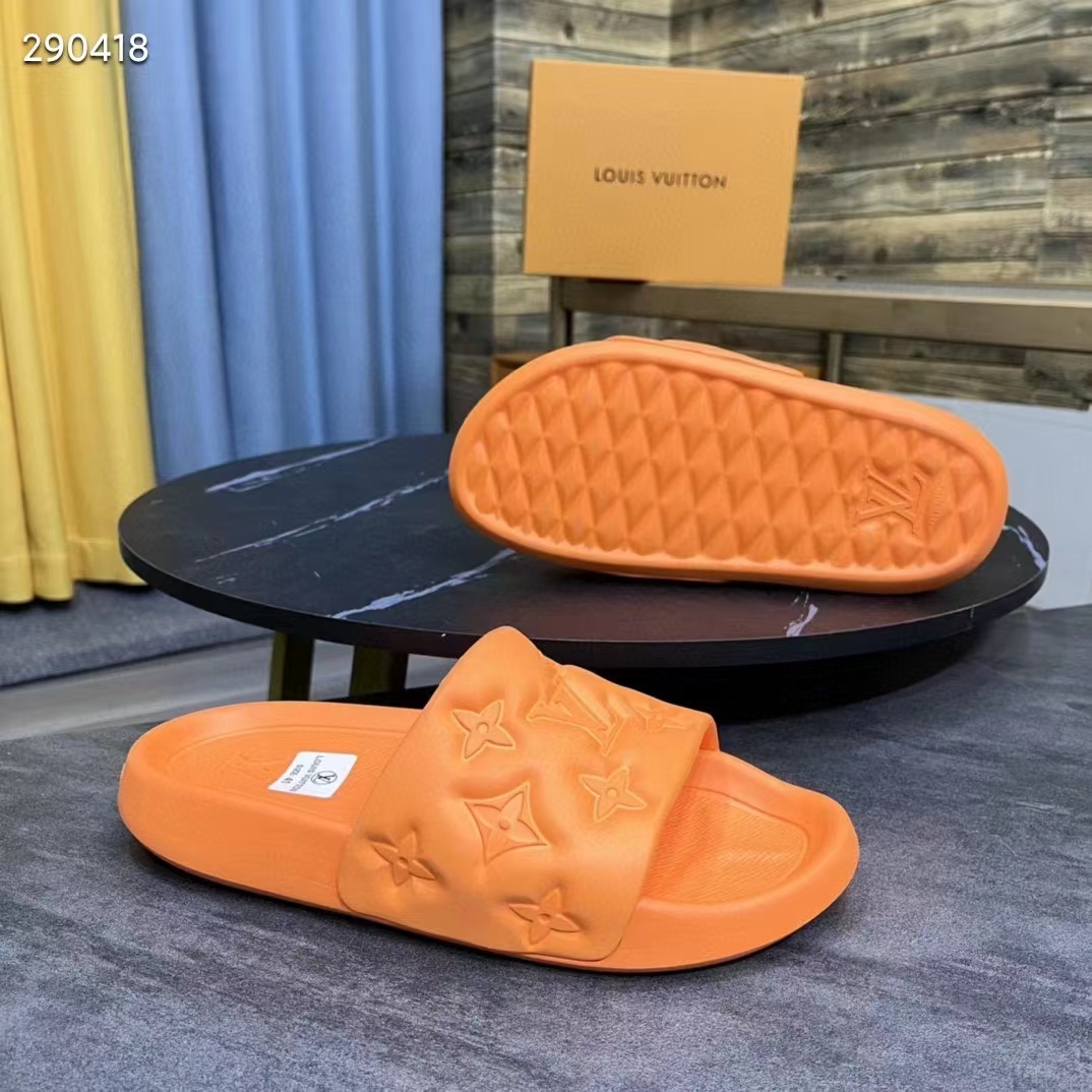 Louis Vuitton LV Unisex Waterfront Mule Orange Monogram Embossed Rubber Waterproof