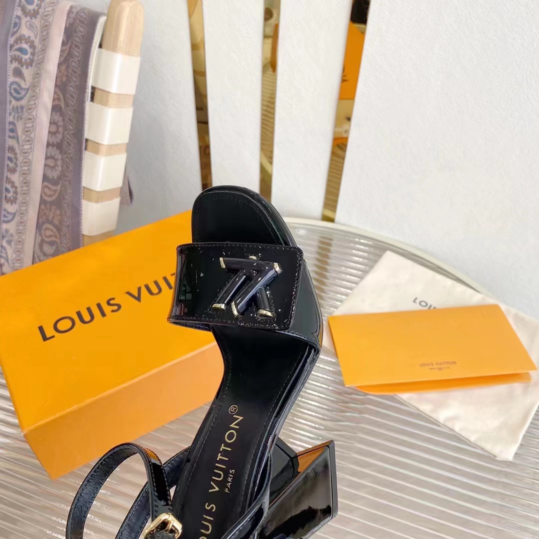 Louis Vuitton LV Women Shake Sandal Black Patent Calf Leather 9.5 Cm Heel