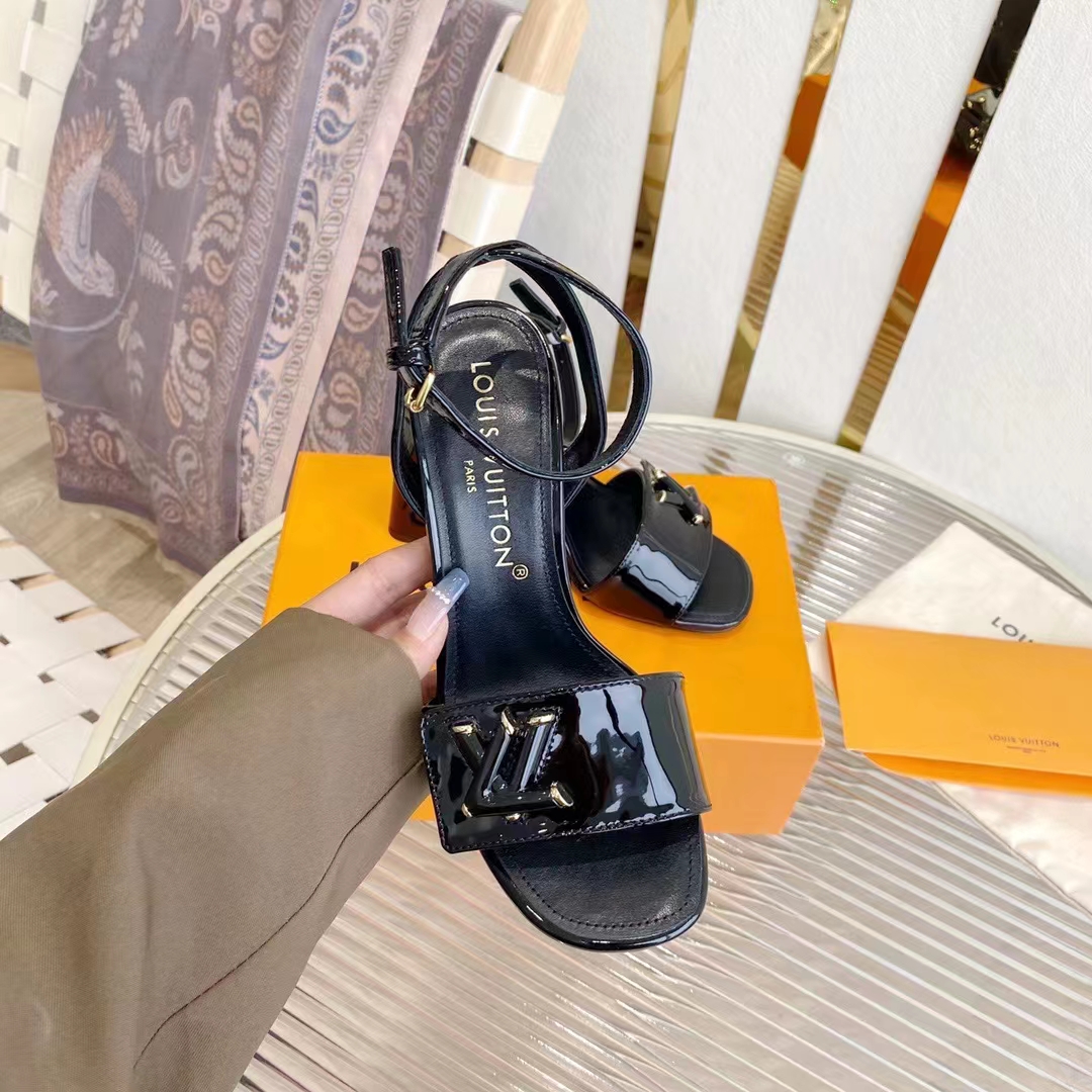 Louis Vuitton LV Women Shake Sandal Black Patent Calf Leather 9.5 Cm Heel