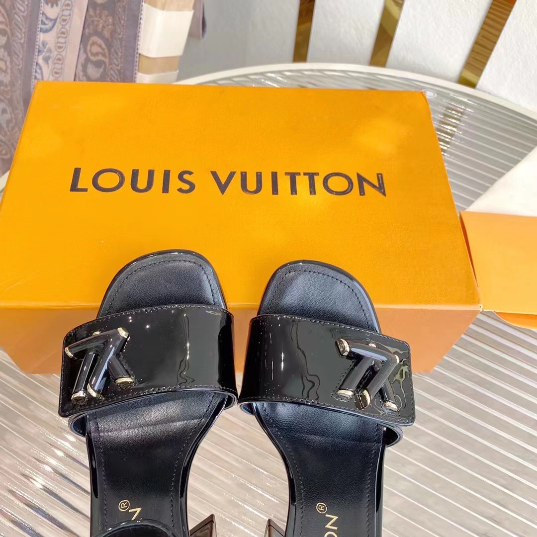 Louis Vuitton LV Women Shake Sandal Black Patent Calf Leather 9.5 Cm Heel