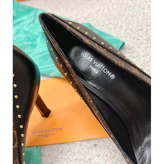 Louis Vuitton LV Women Signature Pump Black Calf Leather Patent Monogram Canvas 9.5 Cm Heel