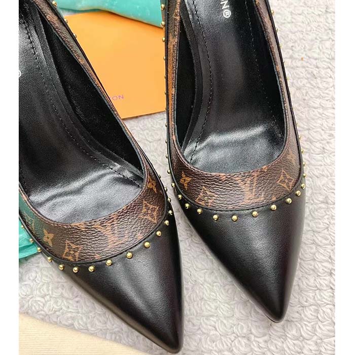 Louis Vuitton LV Women Signature Pump Black Calf Leather Patent Monogram Canvas 9.5 Cm Heel