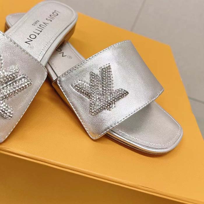 Louis Vuitton Women LV Shake Flat Mule Silver Metallic Lambskin Leather