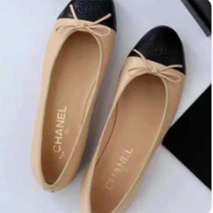 Chanel Women Ballerina Calfskin Leather Sandy Black Ballet Shoes