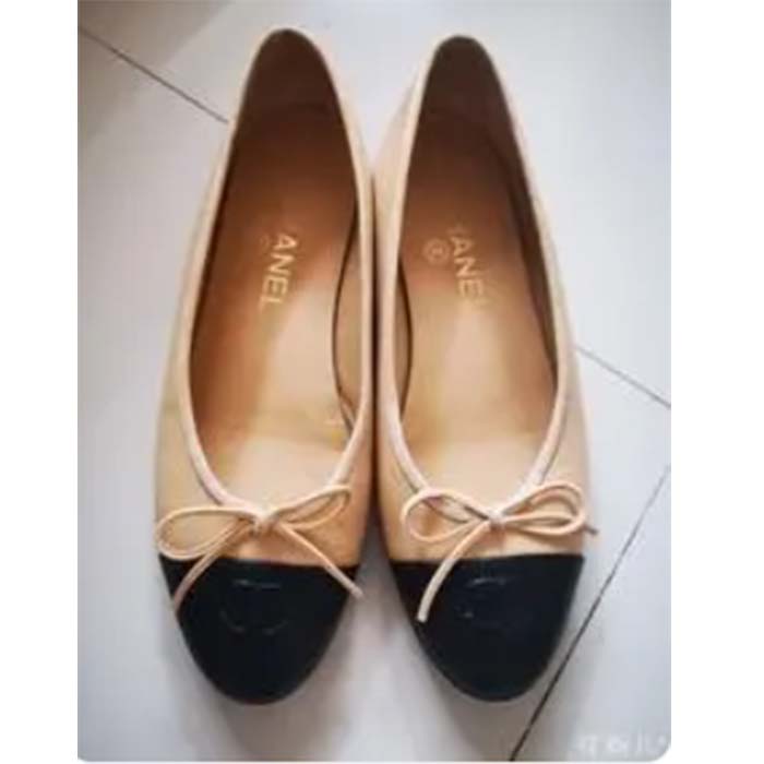 Chanel Women Ballerina Calfskin Leather Sandy Black Ballet Shoes