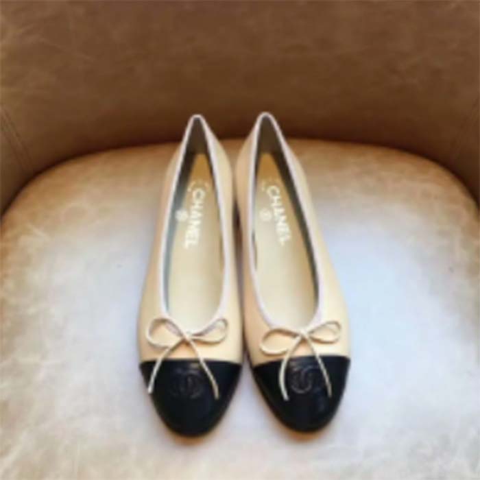 Chanel Women Ballerina Calfskin Leather Sandy Black Ballet Shoes