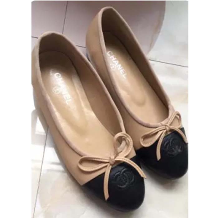 Chanel Women Ballerina Calfskin Leather Sandy Black Ballet Shoes