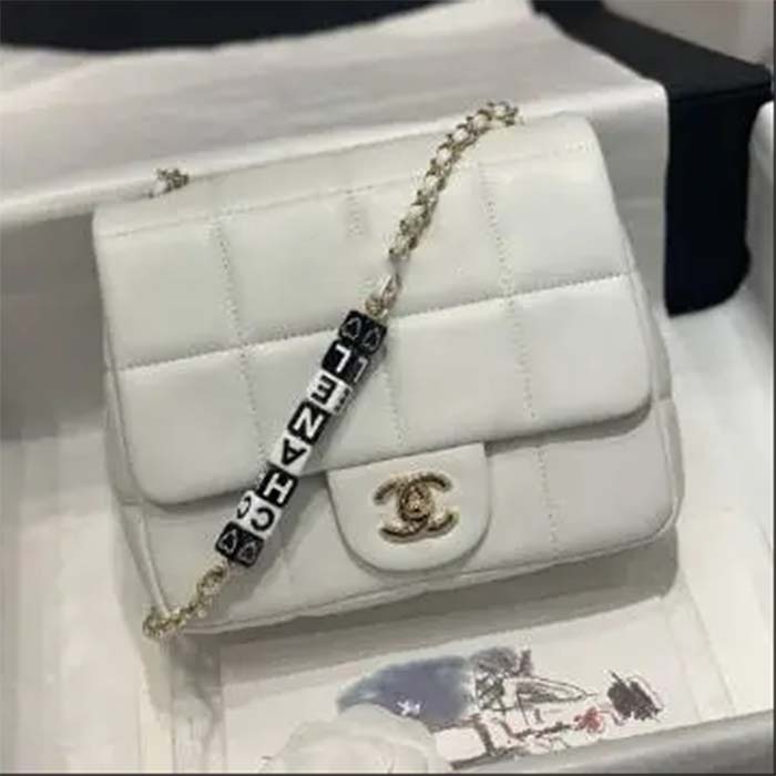 Chanel Women CC Small Flap Bag Grained Calfskin Gold Tone Metal White