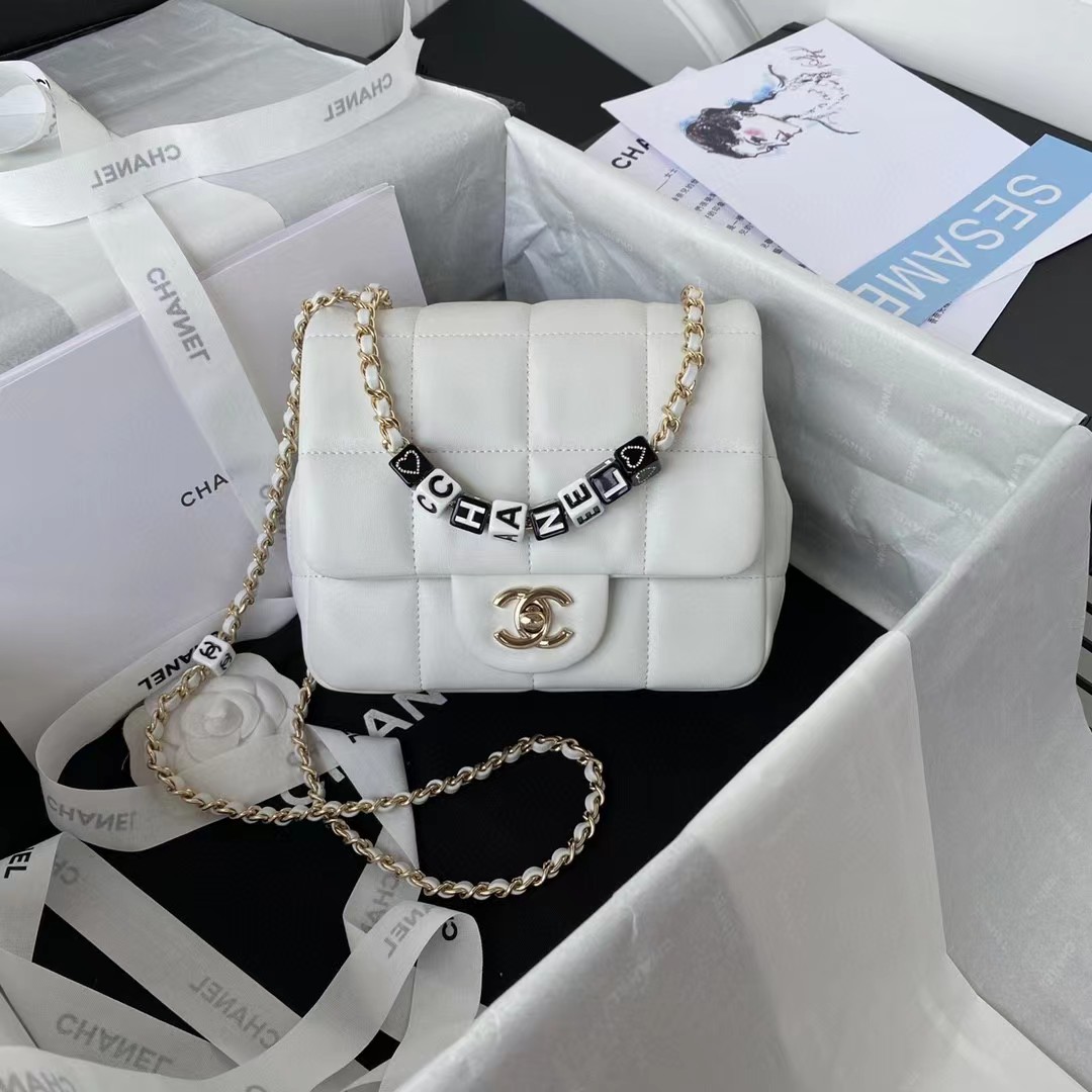 Chanel Women CC Small Flap Bag Grained Calfskin Gold Tone Metal White