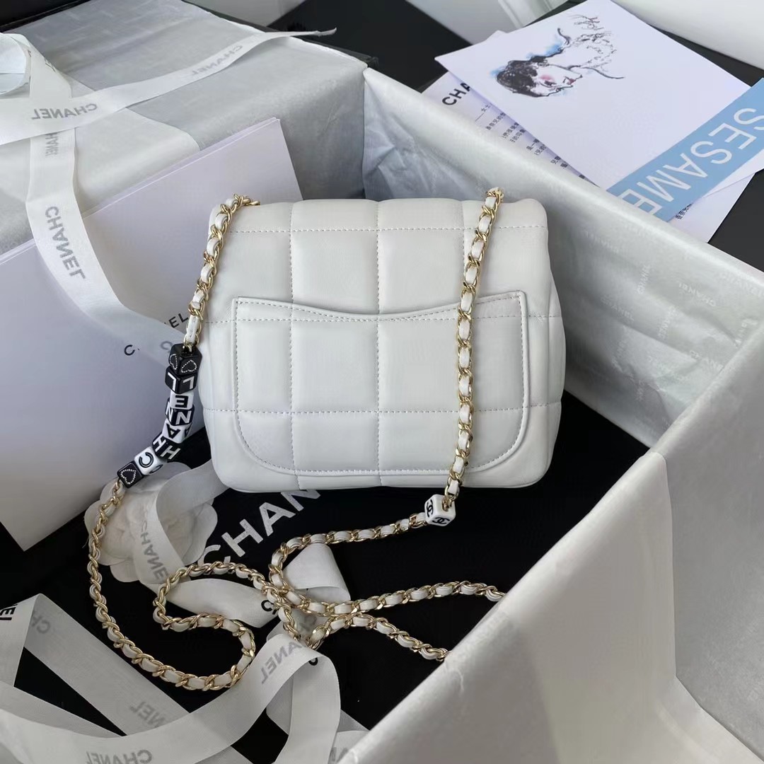 Chanel Women CC Small Flap Bag Grained Calfskin Gold Tone Metal White