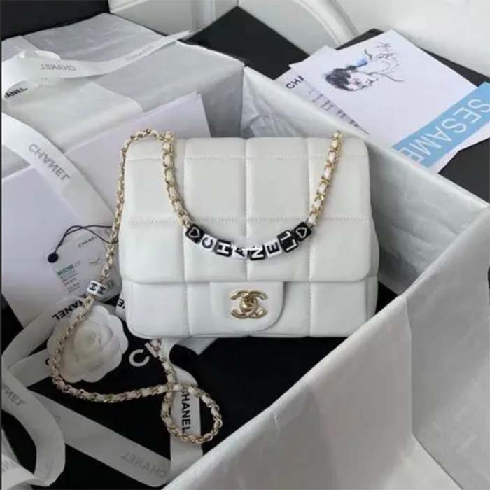 Chanel Women CC Small Flap Bag Grained Calfskin Gold Tone Metal White