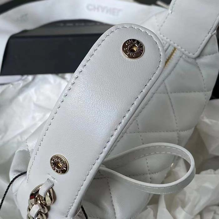 Chanel Women CC Small Flap Hobo Bag Grained Calfskin Gold Tone Metal White