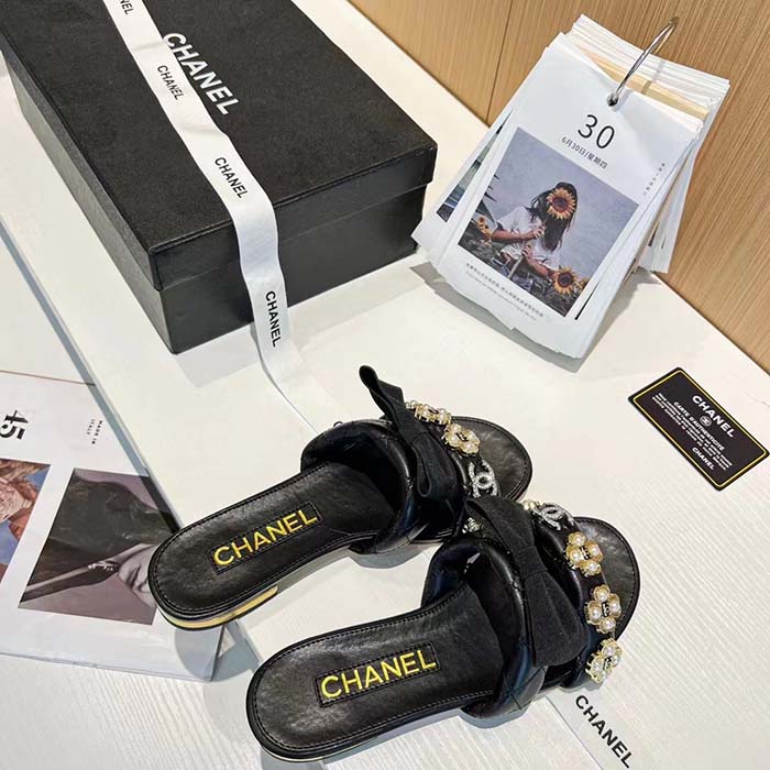 Chanel Women Mules Lambskin Black White 1.5 Cm Heel
