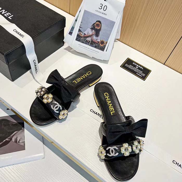 Chanel Women Mules Lambskin Black White 1.5 Cm Heel
