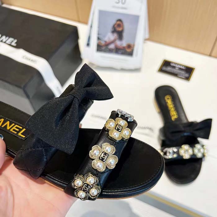 Chanel Women Mules Lambskin Black White 1.5 Cm Heel
