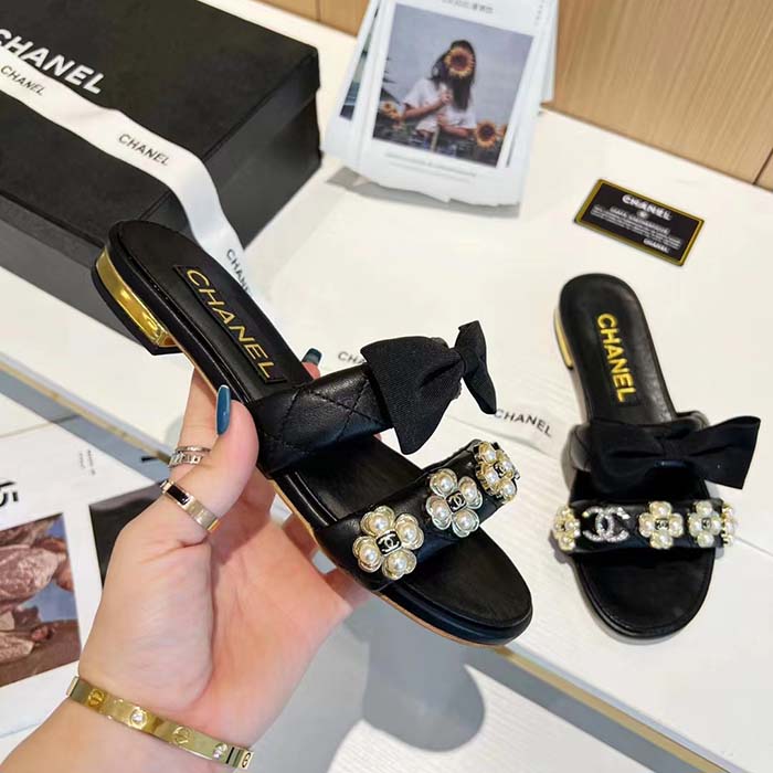 Chanel Women Mules Lambskin Black White 1.5 Cm Heel