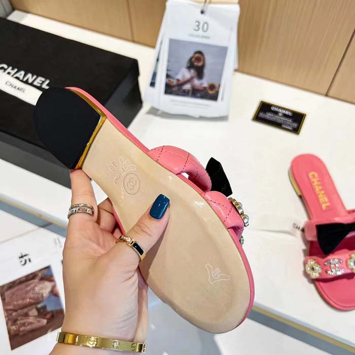 Chanel Women Mules Lambskin Pink Black 1.5 Cm Heel
