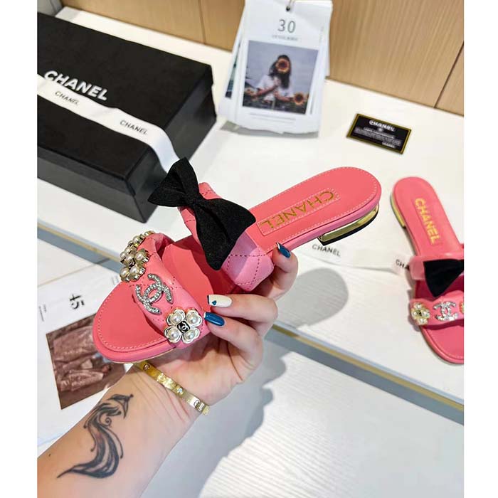 Chanel Women Mules Lambskin Pink Black 1.5 Cm Heel