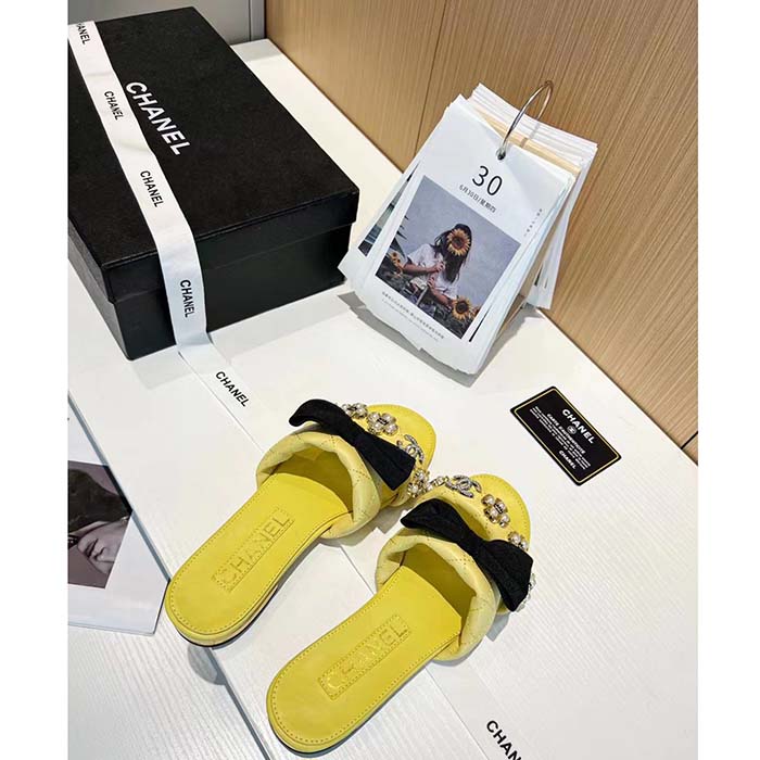 Chanel Women Mules Lambskin Yellow Black 1.5 Cm Heel