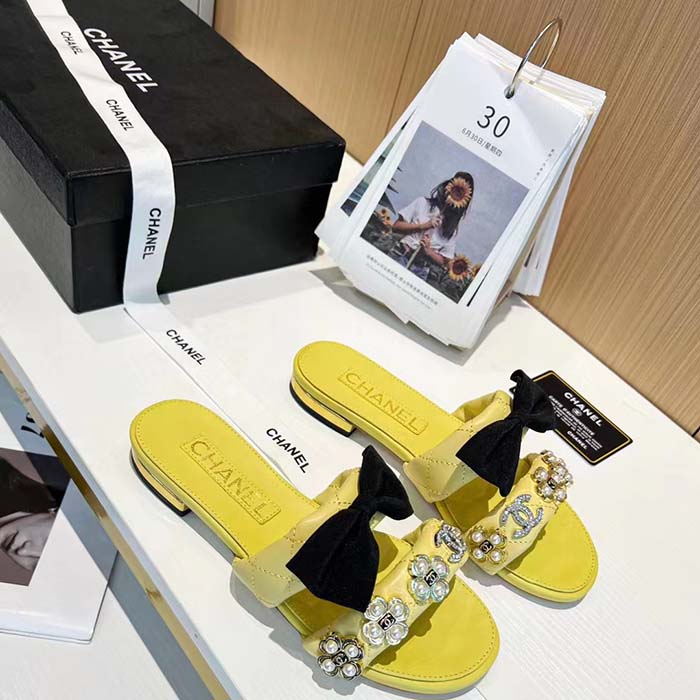 Chanel Women Mules Lambskin Yellow Black 1.5 Cm Heel