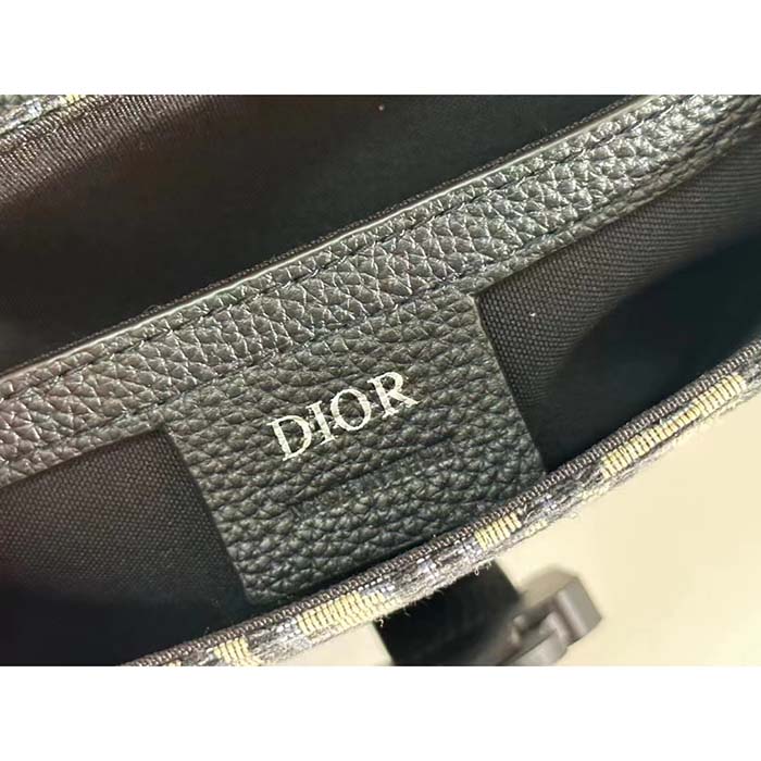 Dior Unisex CD Saddle Pouch Strap Beige Black Oblique Jacquard Black Grained Calfskin