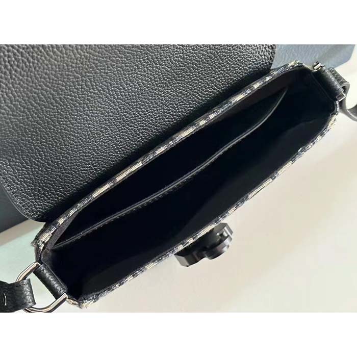 Dior Unisex CD Saddle Pouch Strap Beige Black Oblique Jacquard Black Grained Calfskin