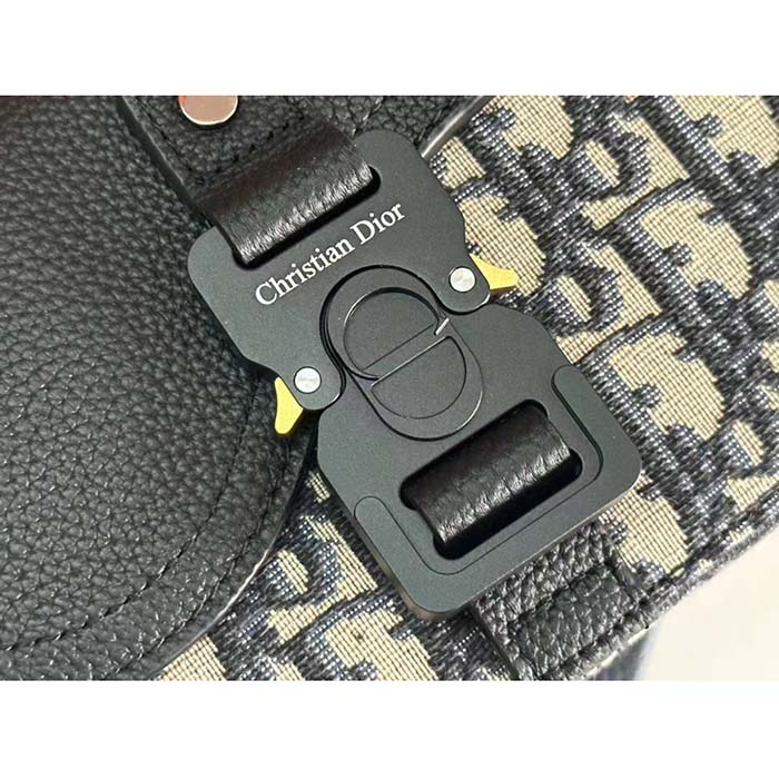 Dior Unisex CD Saddle Pouch Strap Beige Black Oblique Jacquard Black Grained Calfskin