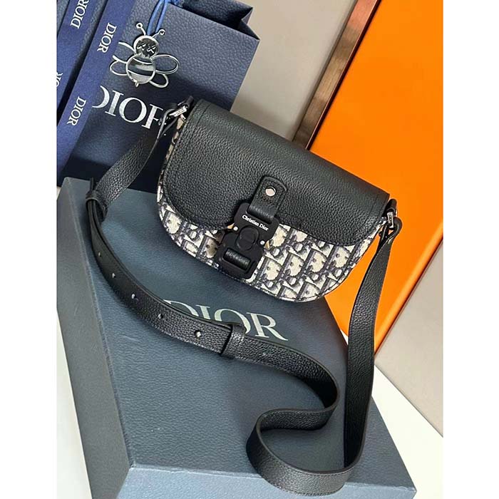 Dior Unisex CD Saddle Pouch Strap Beige Black Oblique Jacquard Black Grained Calfskin