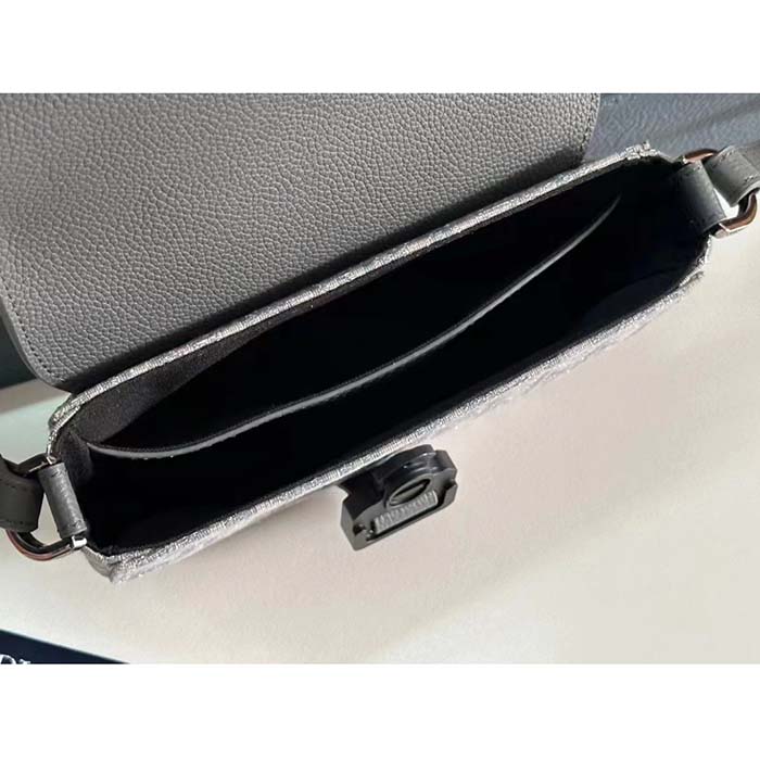 Dior Unisex CD Saddle Pouch Strap Black Grey Oblique Jacquard Grained Calfskin