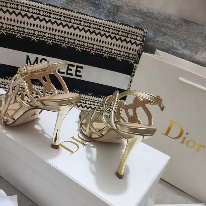 Dior Women CD D-Fame Heeled Sandal Gold-Tone Laminated Lambskin