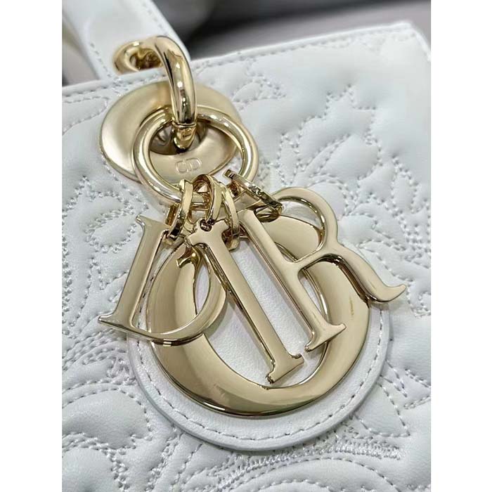 Dior Women CD Medium D-Joy Bag Latte Quilted-Effect Lambskin Ornamental Motif