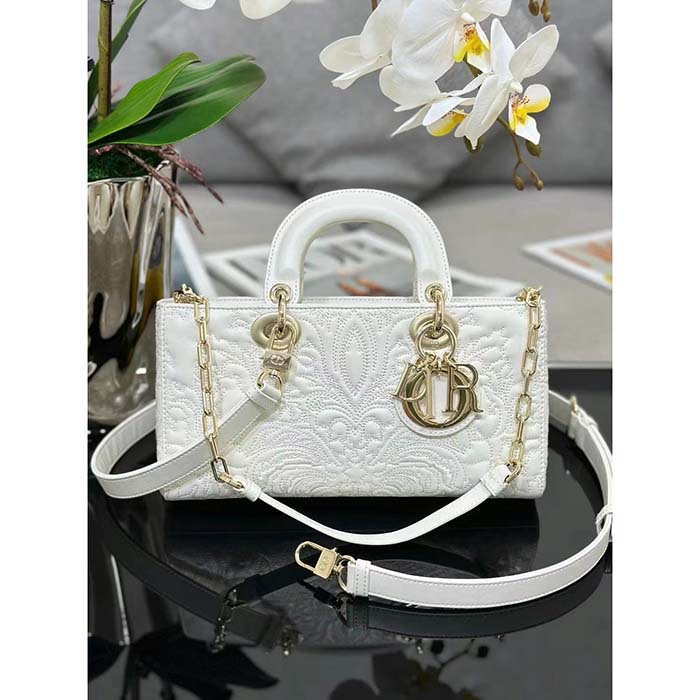 Dior Women CD Medium D-Joy Bag Latte Quilted-Effect Lambskin Ornamental Motif