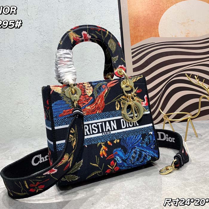 Dior Women CD Medium Lady D-Lite Bag Black Multicolor Dior Birds Embroidery