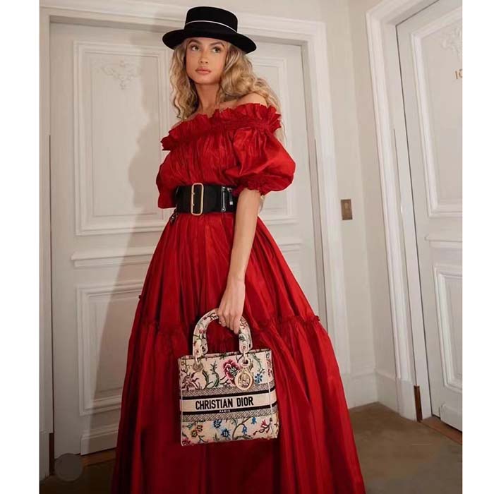 Dior Women CD Medium Lady D-Lite Bag Multicolor Raffia Embroidered Petites Fleurs