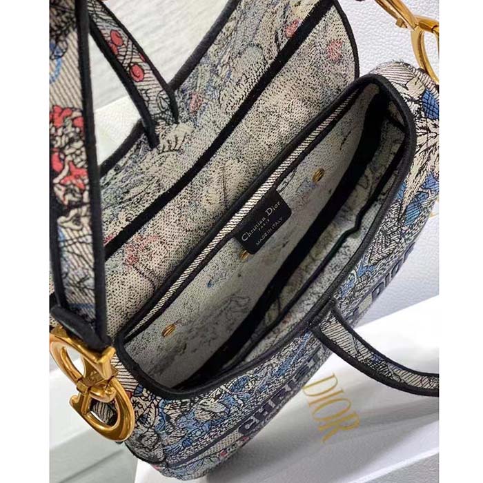 Dior Women CD Saddle Bag Denim Multicolor Dior Jardin Magique Embroidery