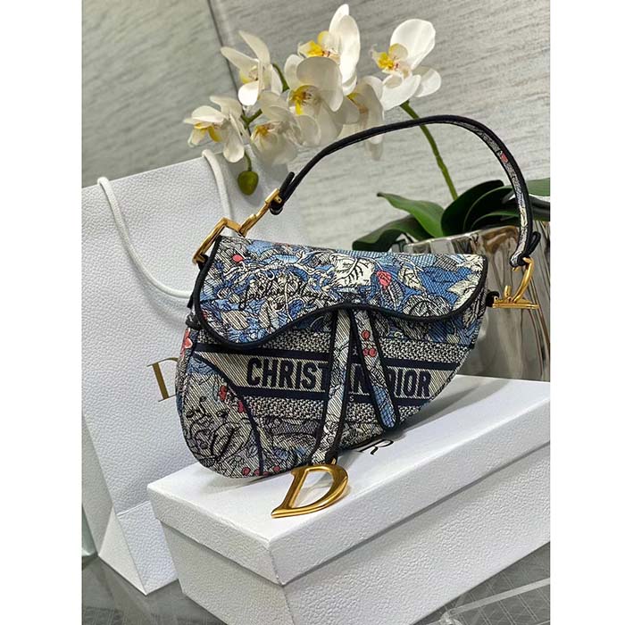 Dior Women CD Saddle Bag Denim Multicolor Dior Jardin Magique Embroidery