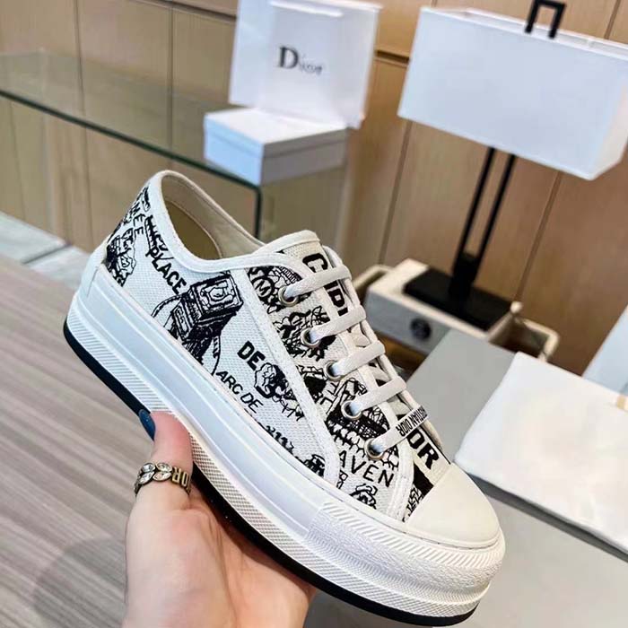 Dior Women Shoes CD Walk’N’Dior Platform Sneaker White Black Cotton Embroidered Plan De Paris