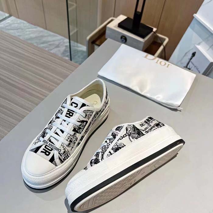 Dior Women Shoes CD Walk’N’Dior Platform Sneaker White Black Cotton Embroidered Plan De Paris