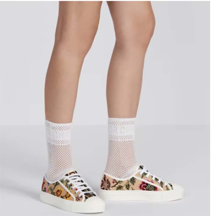 Dior Women Shoes CD Walk’N’Dior Sneaker Beige Multicolor Raffia Embroidered Petites Fleurs