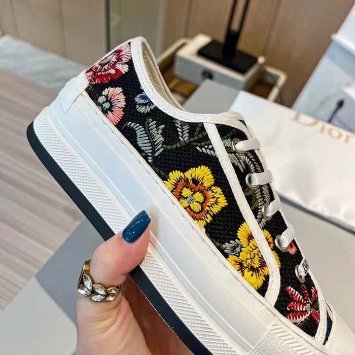 Dior Women Shoes CD Walk’N’Dior Sneaker Black Multicolor Cotton Embroidered Petites Fleurs