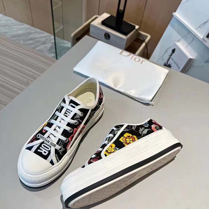 Dior Women Shoes CD Walk’N’Dior Sneaker Black Multicolor Cotton Embroidered Petites Fleurs