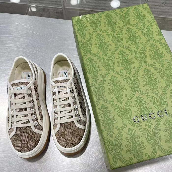 G*u*i gg women’s gg sneaker beige ebony original gg canvas flat 5 cm heel